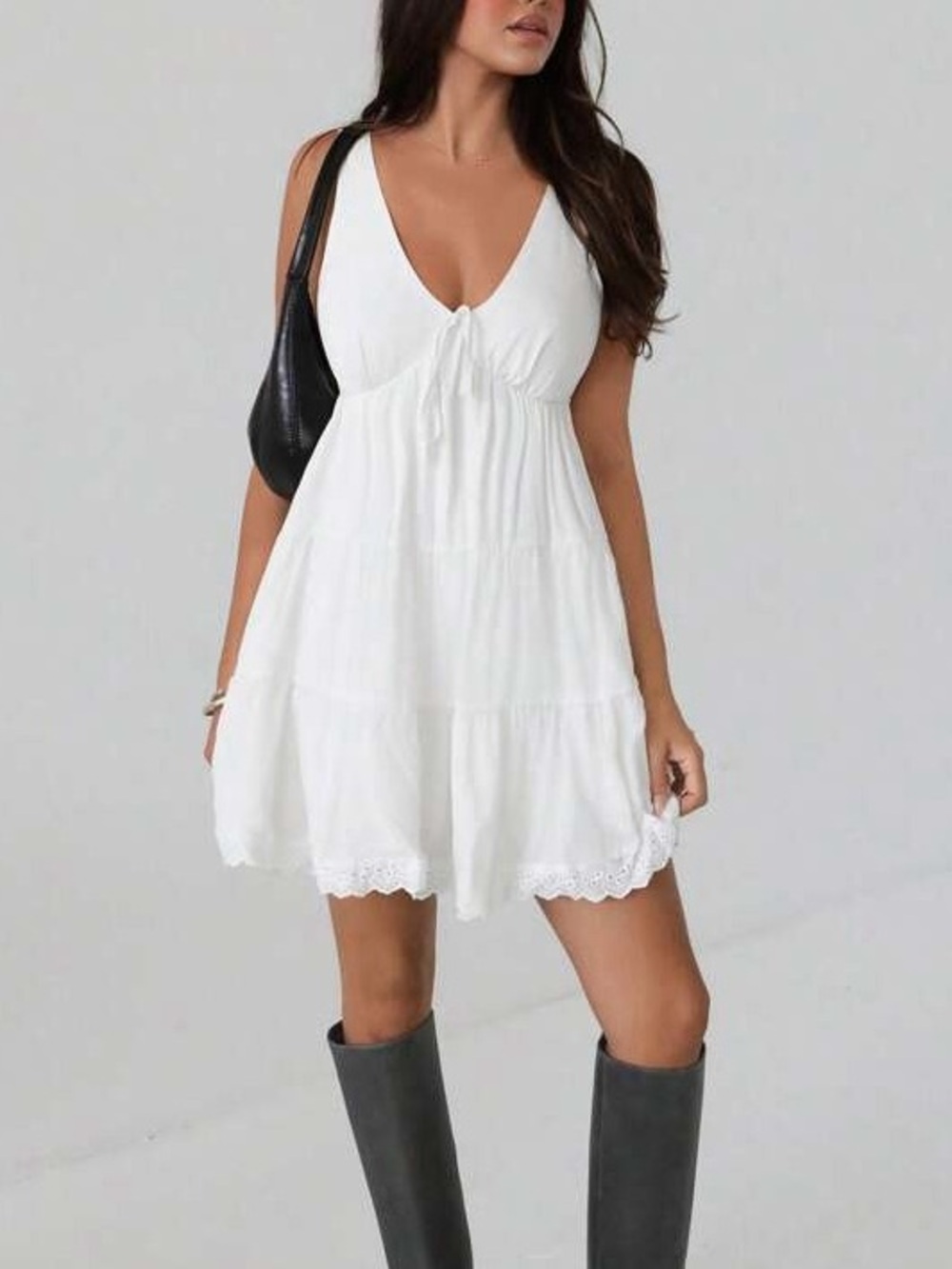 shein sleeveless v-neck tie bow layered peplum midi dress